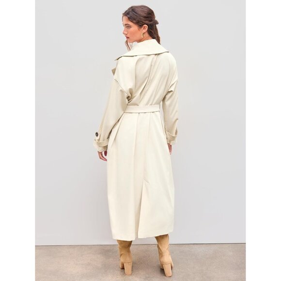 Women's Khaki  Oversized Solid Collar Long Trench Coat With Belt - Picture 5 of 8
